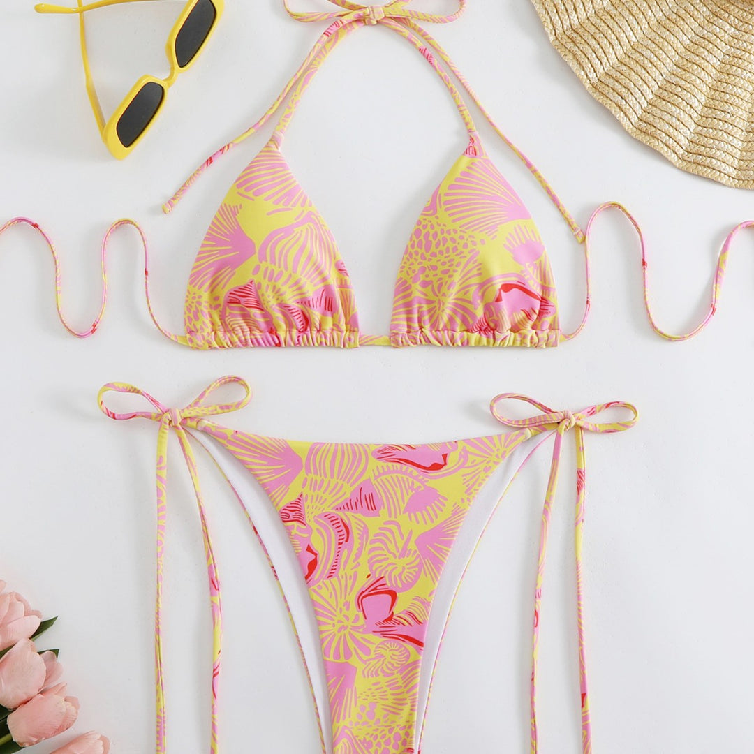 Damen Triangel-Bikini mit lebhaftem floralem Muster und verstellbaren Bindebändern R&B