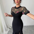 Damen Elegantes Kleid mit transparentem Spitzenoberteil und floralem Design R&B