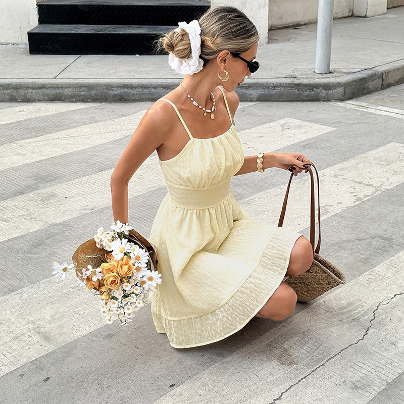 Damen Sommerliches A-Linien Kleid mit feinen Spaghettiträgern und gerafftem Oberteil R&B