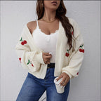 Damen Großer Cardigan mit verspieltem Kirschmotiv