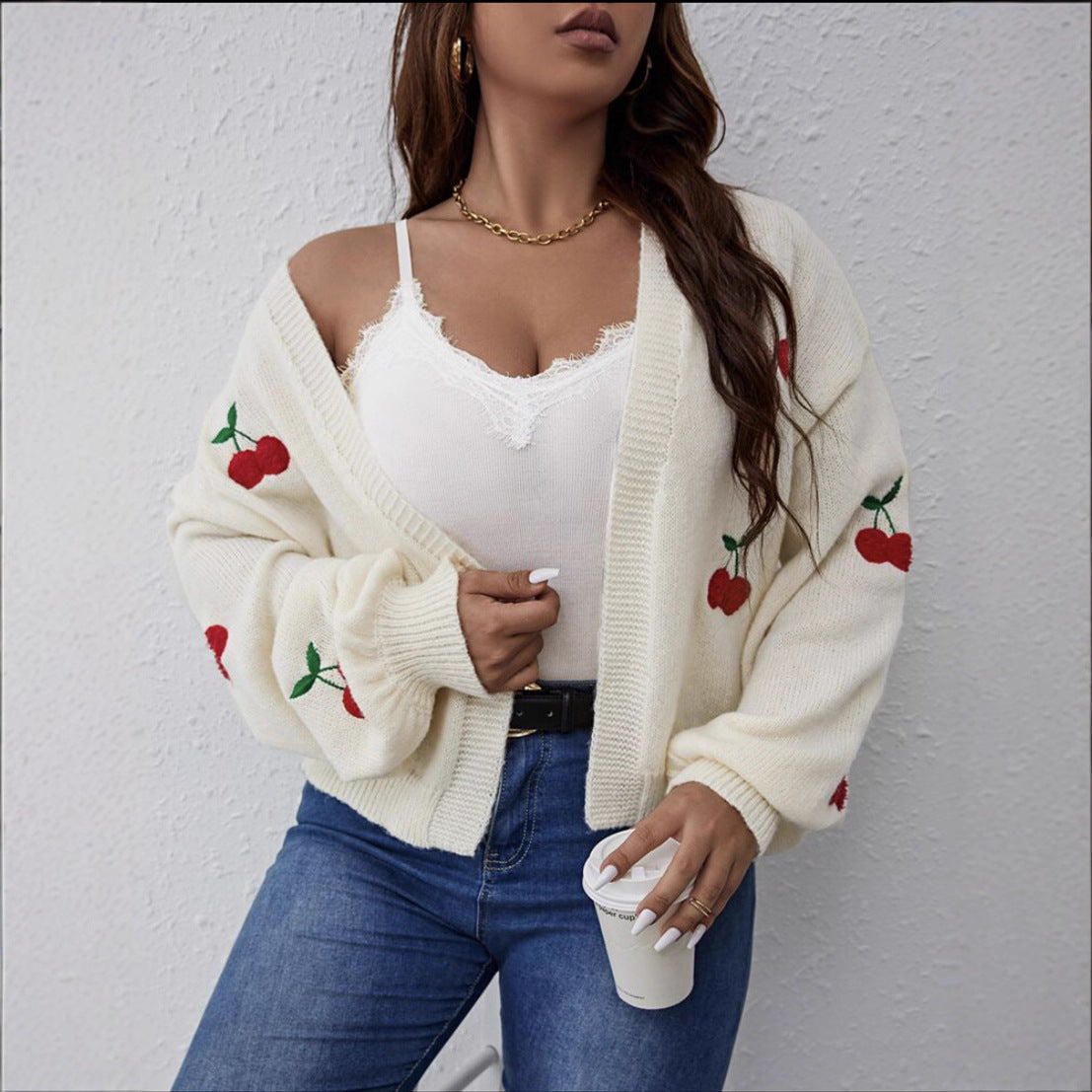 Damen Großer Cardigan mit verspieltem Kirschmotiv