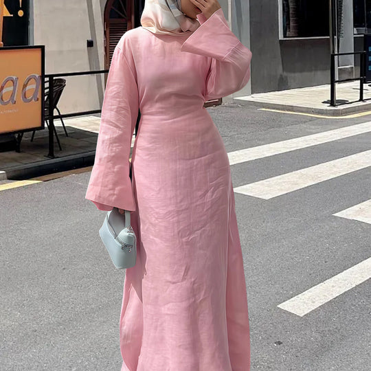 Damen Maxikleid mit taillierbarem Gürtel und elegantem Kragen R&B