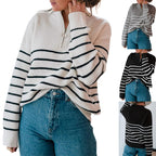 Damen gestreifter Pullover mit halbem Reißverschluss