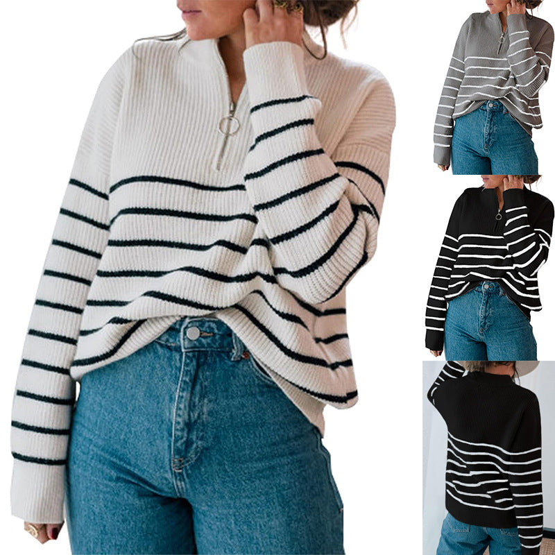 Damen lässiger Pullover mit kurzem Reißverschluss und Streifenmuster R&B