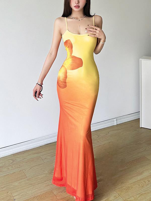 Damen figurbetontes Abendkleid mit Spaghettiträgern und Farbverlauf R&B