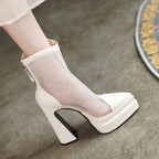 Damen stilvolle Plateau-Stiefeletten mit transparentem Netzdesign R&B