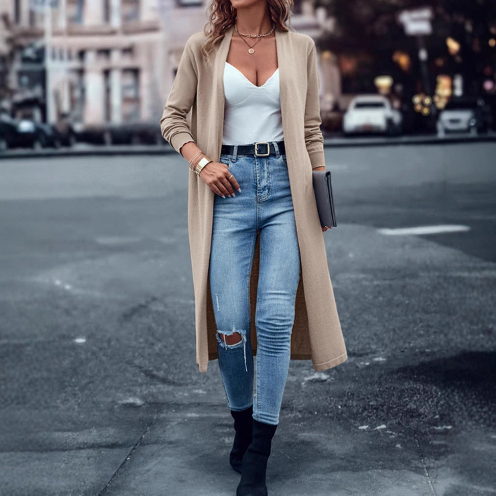 Damen nan langer Feinstrick-Cardigan im Duster-Stil mit offenem Fall und schmaler Ärmelpartie R&B