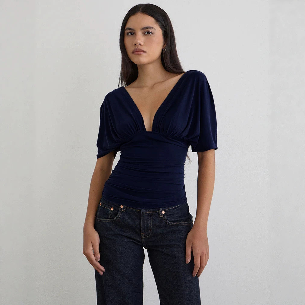 Damen Elegantes Oberteil mit tiefem V-Ausschnitt und lässigem Drapierungsdesign R&B