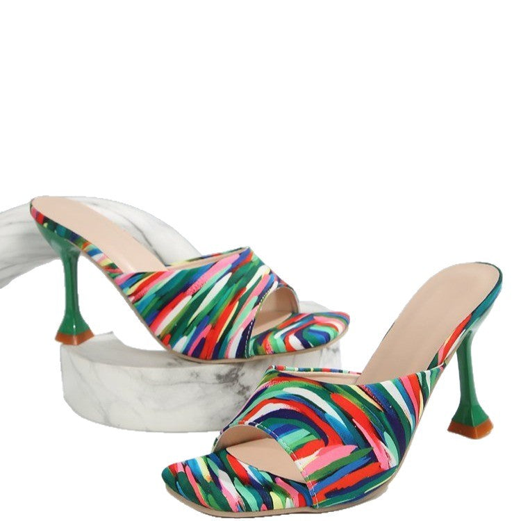 Damen Schicke offene Abendsandalen mit hohen Pfennigabsätzen und buntem Design R&B