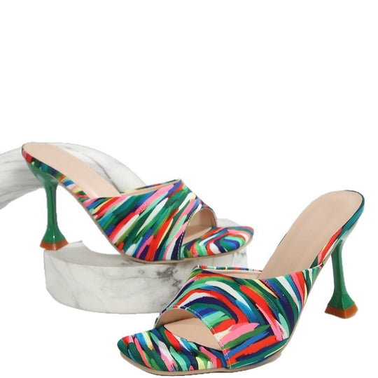 Damen Schicke offene Abendsandalen mit hohen Pfennigabsätzen und buntem Design R&B