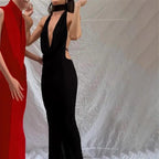 Damen Maxikleid mit elegantem Wasserfallausschnitt und figurbetontem Design R&B