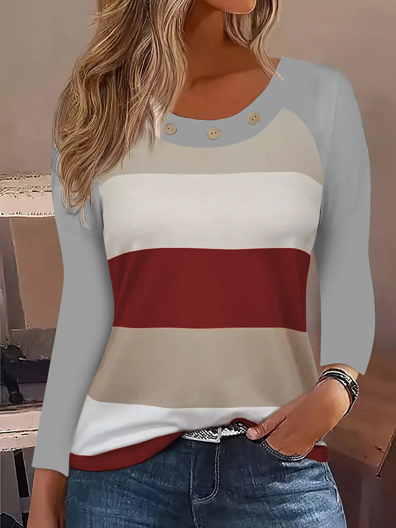 Damen Langarm T-Shirt mit modischem Streifenmuster und dekorativen Knöpfen R&B
