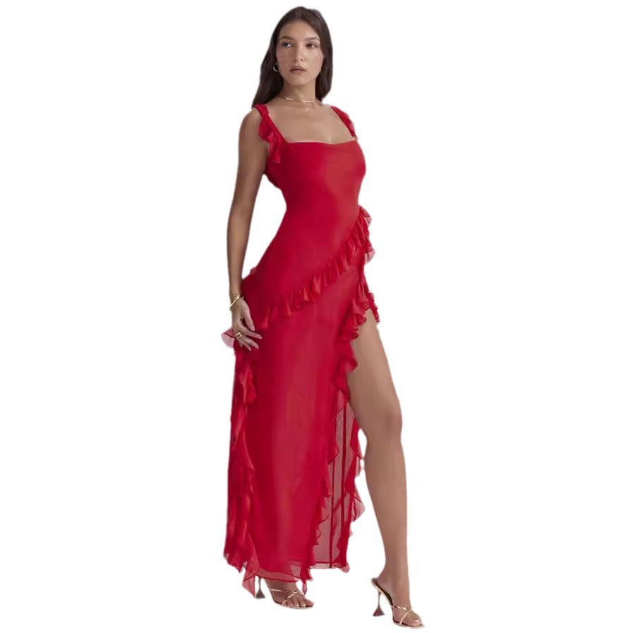 Damen nan langes Abendkleid mit quadratischem Ausschnitt, Schulter-Rüschenträgern und hoher Beinschlitze R&B