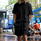 Herren nan lässiges Waffeljersey-Set mit weitem Oberteil und Tunnelzug-Shorts R&B