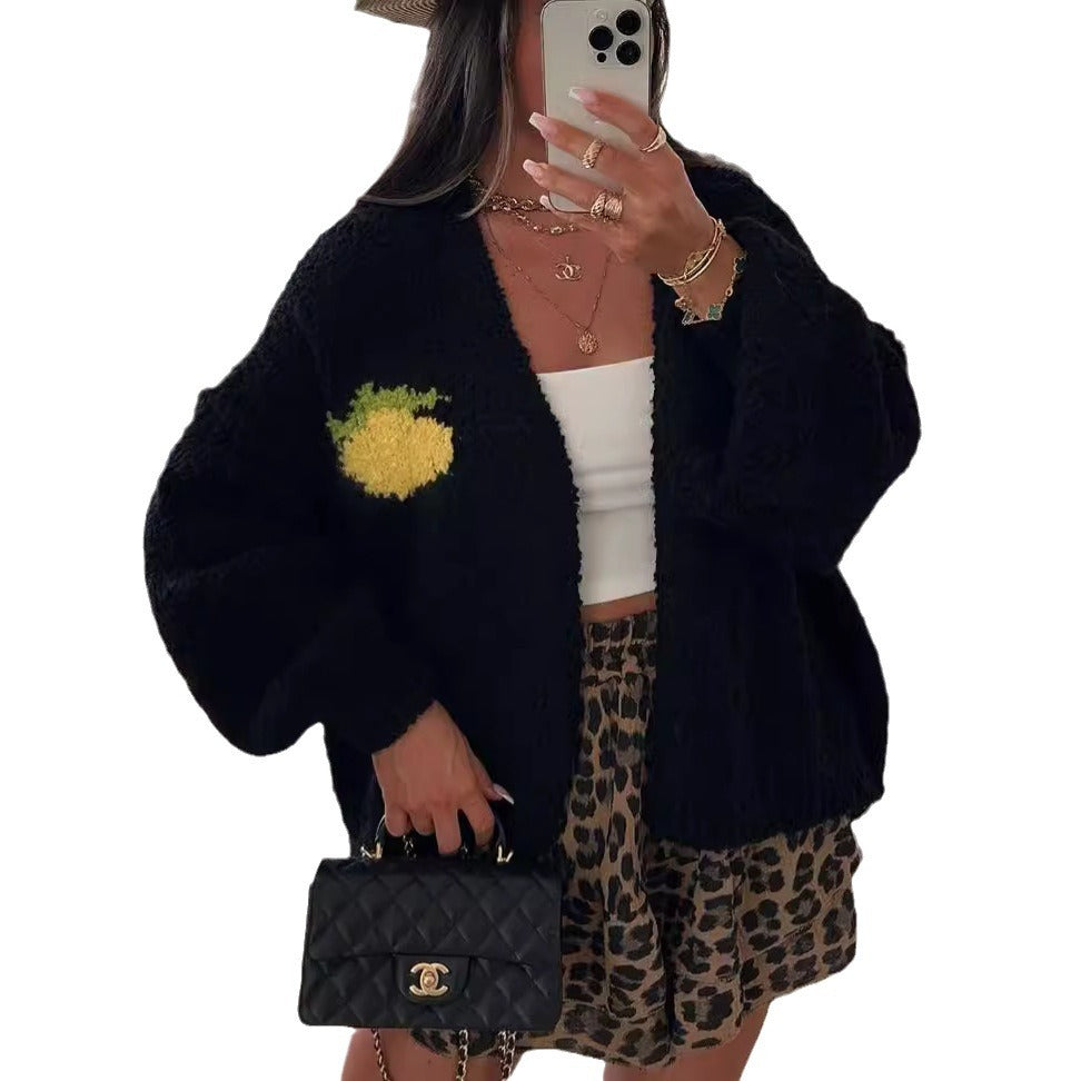 Damen Strickjacke mit fröhlichem Ananas-Motiv und oversized Schnitt R&B