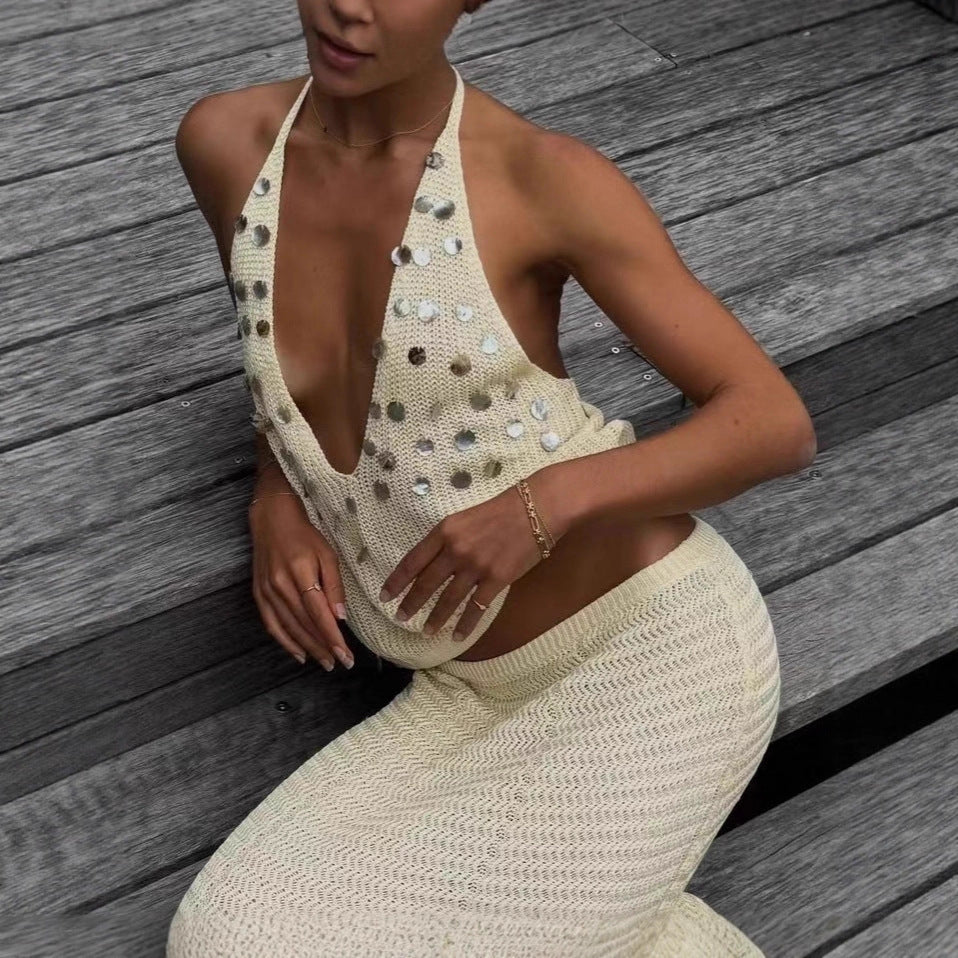 Damen Elegantes gehäkeltes Maxikleid mit funkelnden Akzenten R&B