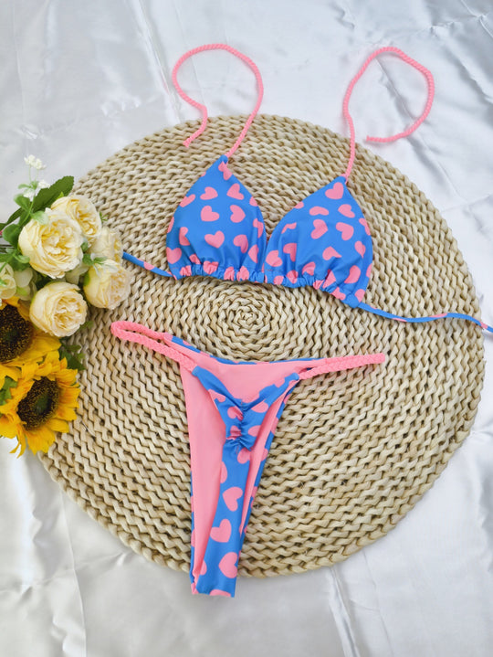 Damen Triangel-Bikini-Set mit fröhlichem Kirschmuster und verstellbaren Trägern R&B
