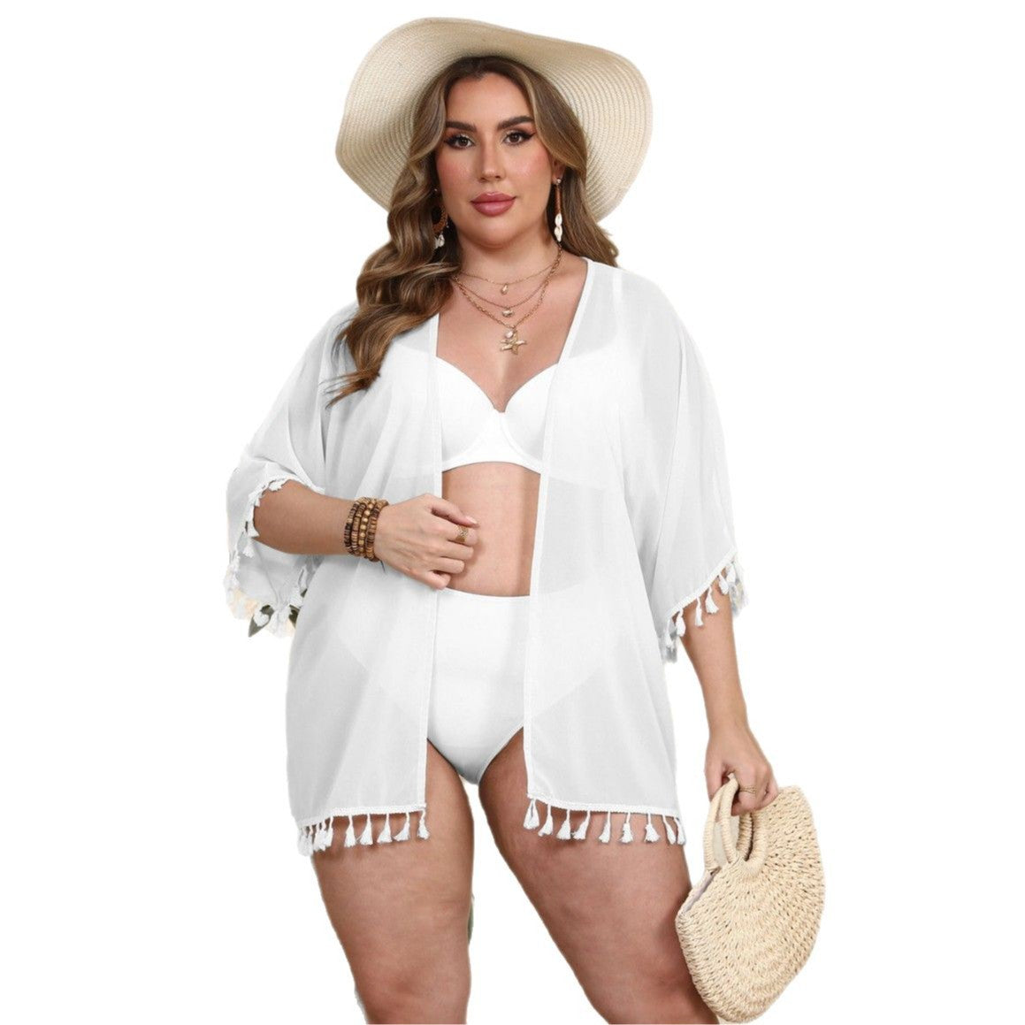 Damen luftiger Kaftan mit bezauberndem Fransenabschluss R&B