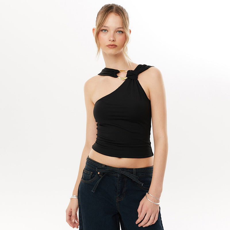 Damen asymmetrisches Trägershirt mit dekorativer Ringverzierung R&B