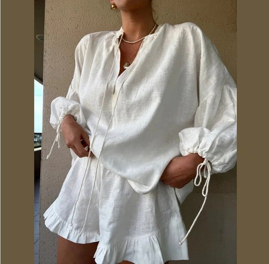 Damen Blusenset mit elegantem Rüschensaum und lockerer Passform R&B