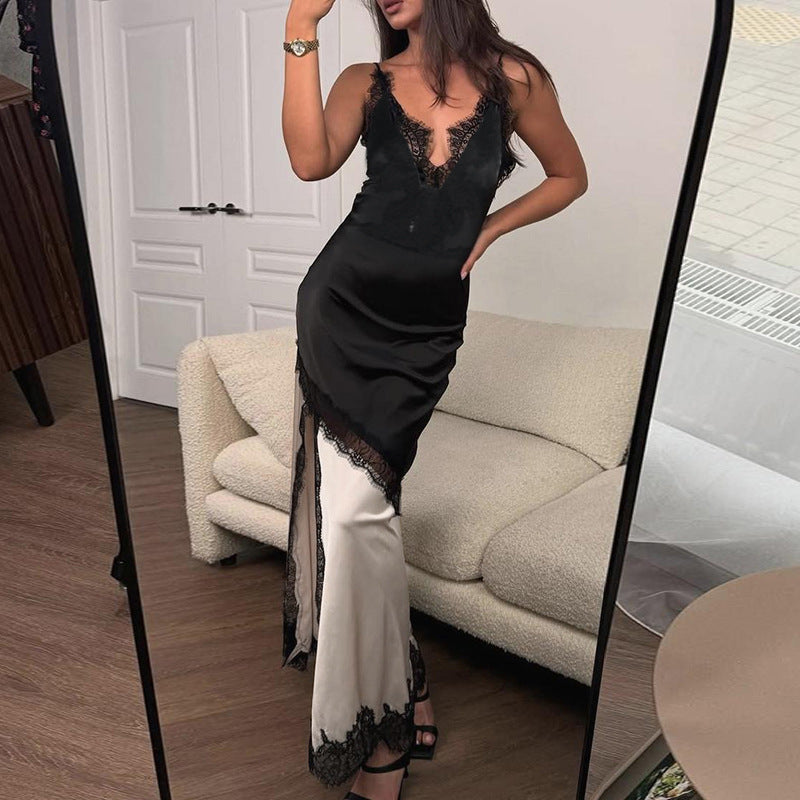 Damen elegantes Maxikleid mit Spitzenapplikationen und tiefem V-Ausschnitt R&B
