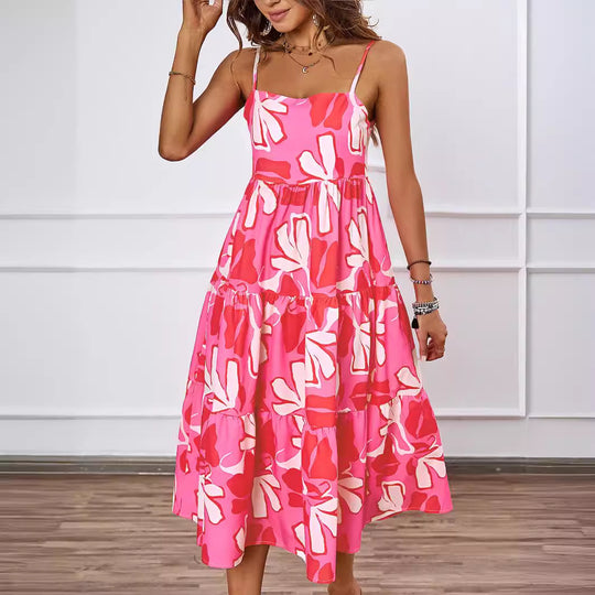 Damen Knielanges Freizeitkleid im modernen Layering-Design mit buntem Muster R&B