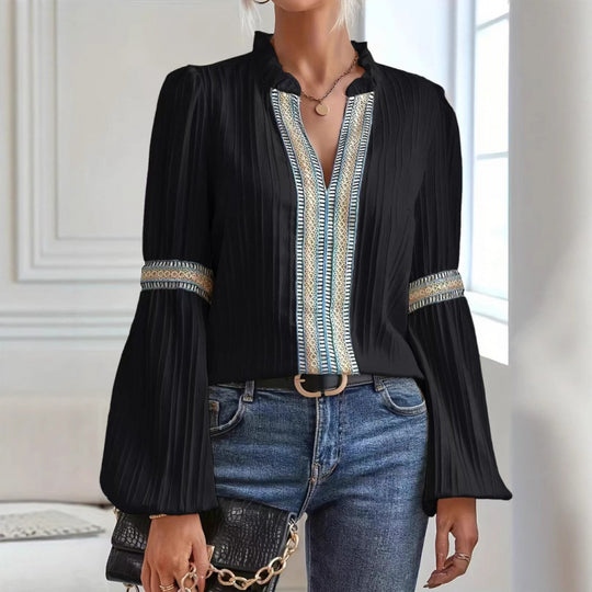 Damen elegante plissierte Bluse mit verzierten Besätzen R&B