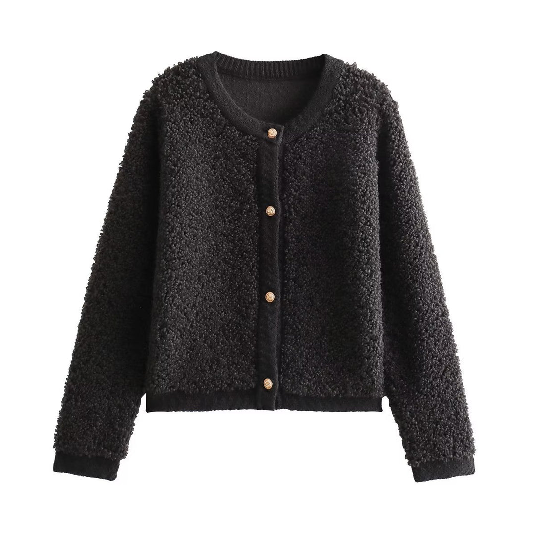 Damen kuschelige Fleecejacke mit dekorativen Holzknöpfen und eleganter Schnittführung R&B
