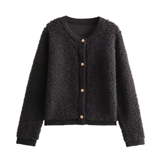 Damen kuschelige Fleecejacke mit dekorativen Holzknöpfen und eleganter Schnittführung R&B