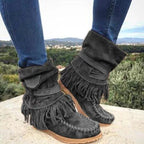 Damen Mokassin-Stiefel mit fransigen Details und modischer Schnalle R&B