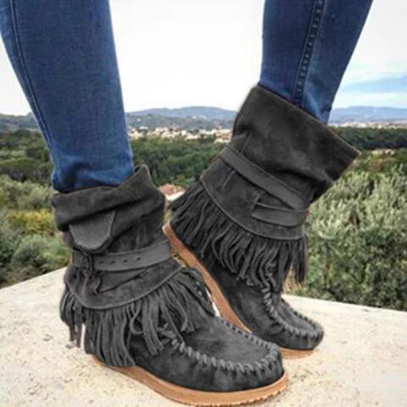 Damen Mokassin-Stiefel mit fransigen Details und modischer Schnalle R&B