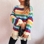 Damen entzückender Pullover mit Fransen und buntem Streifenmuster R&B   