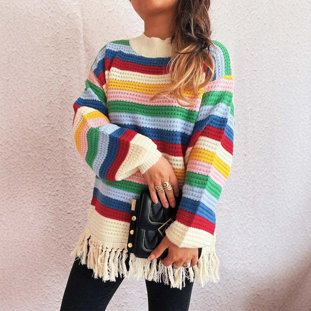 Damen entzückender Pullover mit Fransen und buntem Streifenmuster R&B   