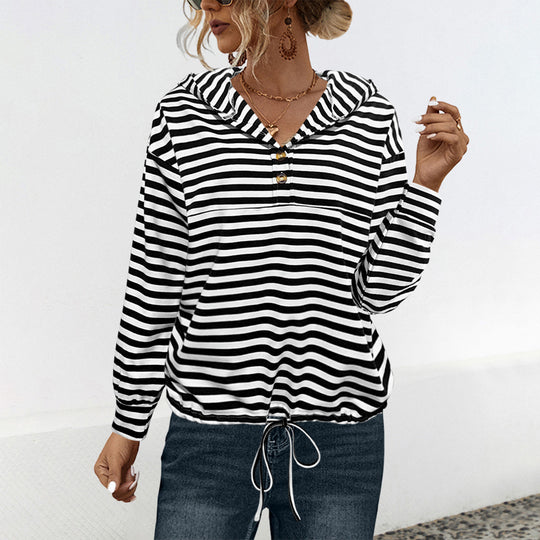 Damen lässiger Kapuzenpullover mit Streifenmuster und verstellbarem Tunnelzug R&B