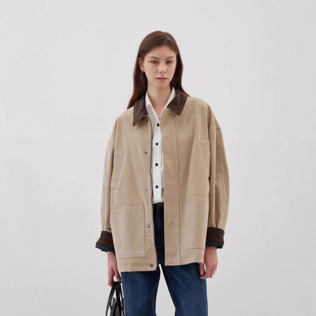 Damen Übergroße Baumwolljacke mit kontrastierendem Kragen R&B