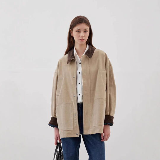 Damen Übergroße Baumwolljacke mit kontrastierendem Kragen R&B