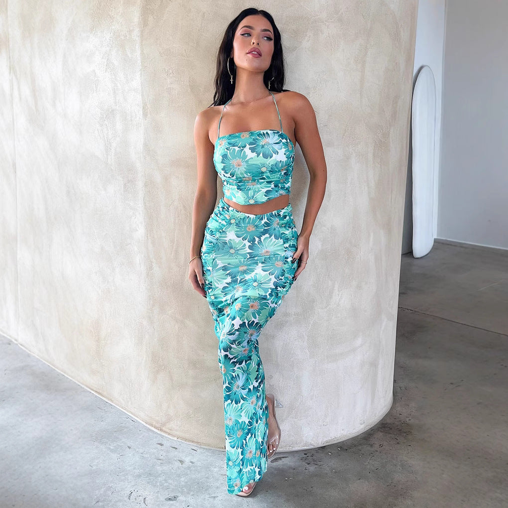 Damen Elegantes Crop-Top und Maxirock-Set mit floralem Design R&B