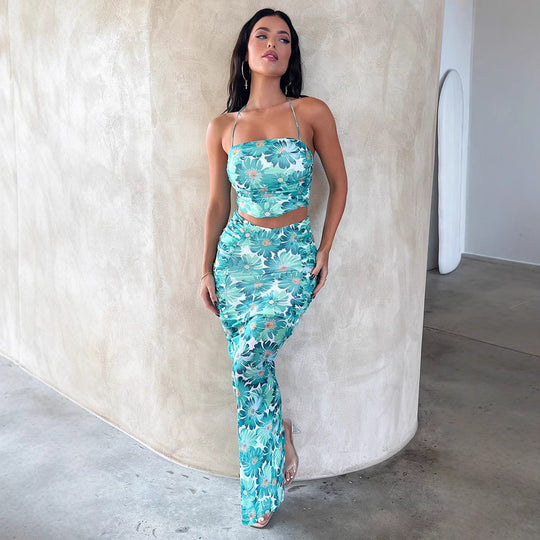 Damen Elegantes Crop-Top und Maxirock-Set mit floralem Design R&B