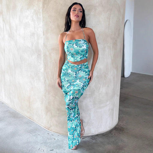 Damen Elegantes Crop-Top und Maxirock-Set mit floralem Design R&B