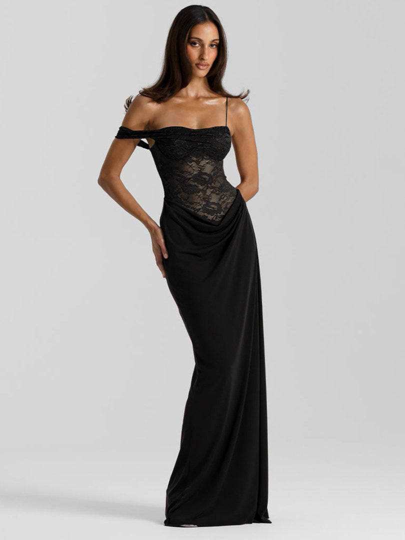 Damen Elegantes Cocktailkleid mit Spitzenoberteil und fließendem Rock R&B
