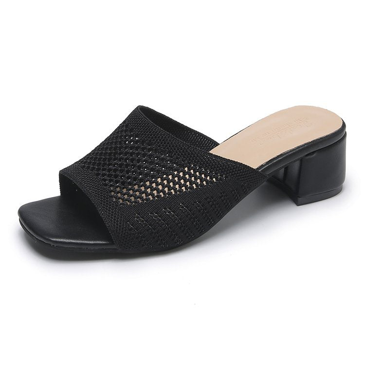 Damen nan gestrickte Sommermule mit niedrigem Blockabsatz und quadratischer Zehenform R&B