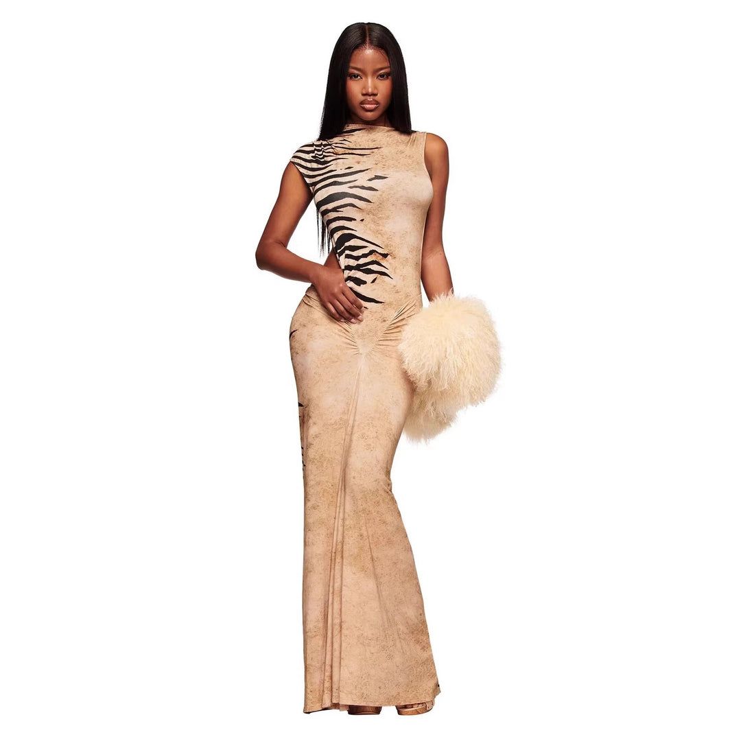 Damen Elegantes Maxikleid mit asymmetrischem Schnitt und Tiermotiv R&B