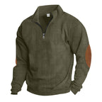 Herren nan gerippter Feinstrick-Pullover mit kurzem Reißverschluss Stehkragen und Lederoptik-Ellbogenpatches R&B