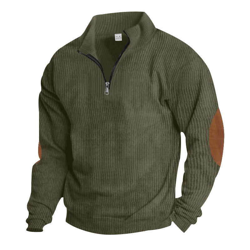 Herren nan gerippter Feinstrick-Pullover mit kurzem Reißverschluss Stehkragen und Lederoptik-Ellbogenpatches R&B