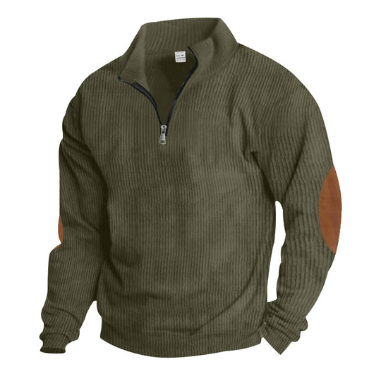 Herren nan gerippter Feinstrick-Pullover mit kurzem Reißverschluss Stehkragen und Lederoptik-Ellbogenpatches R&B