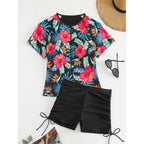 Damen Surf-Badeanzug-Set mit floralem Kurzärmel-Oberteil und komfortablen Shorts R&B