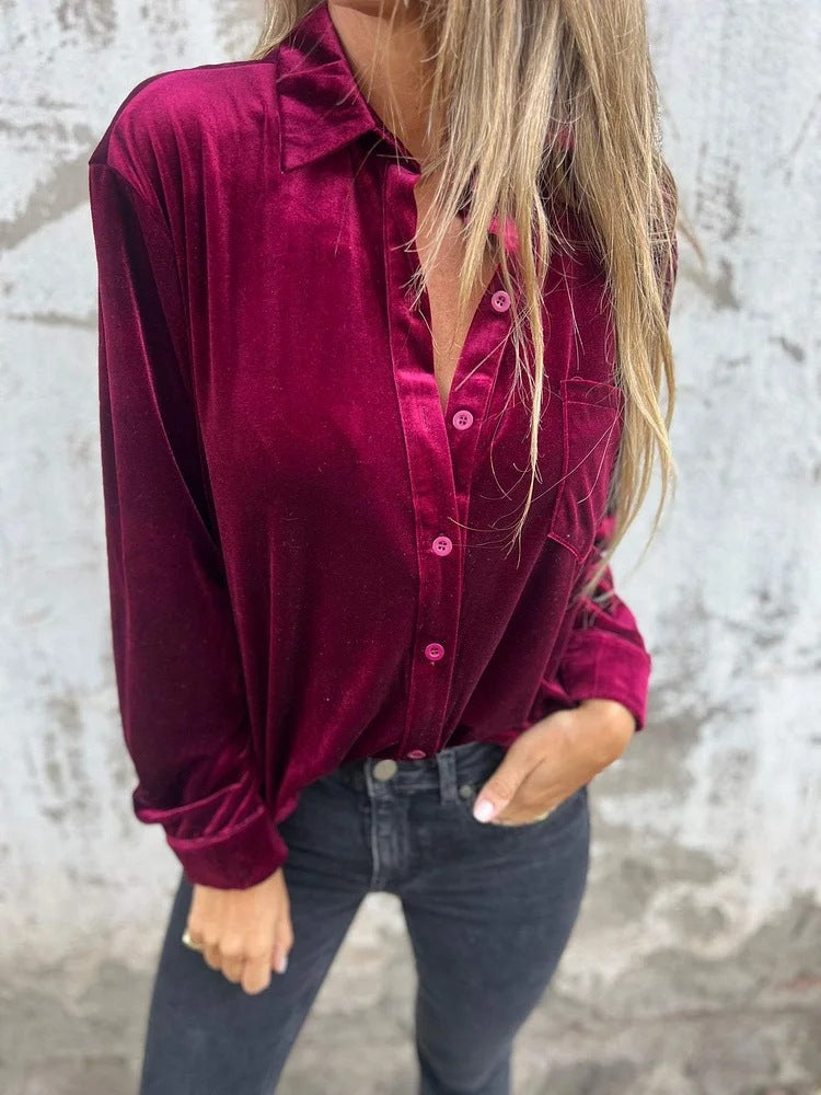 Damen Elegante Samtbluse mit klassischem Hemdkragen und langen Ärmeln R&B