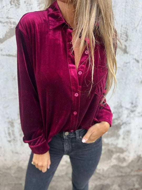 Damen Elegante Samtbluse mit klassischem Hemdkragen und langen Ärmeln R&B
