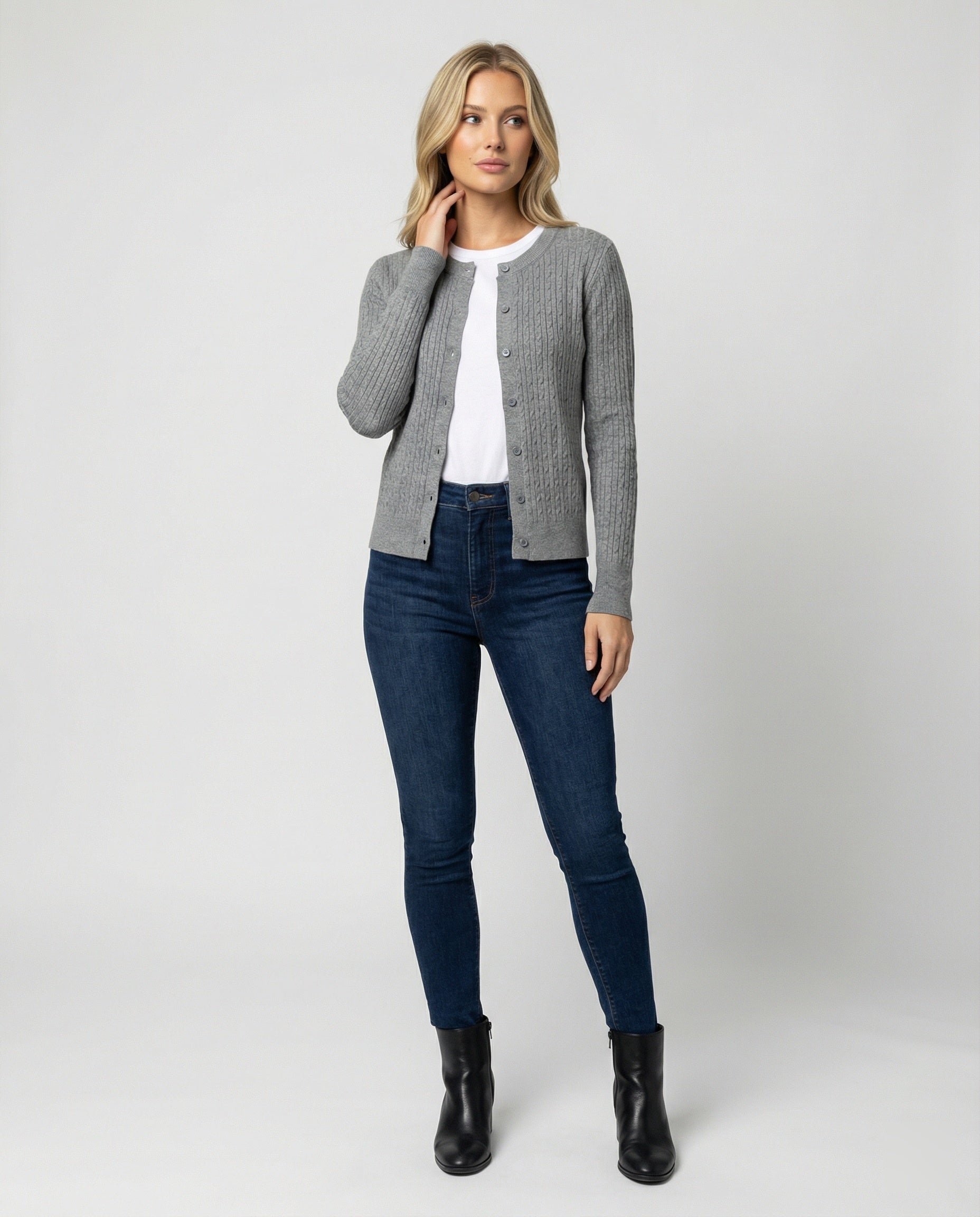 Damen klassischer Strickcardigan mit feiner Zopfstruktur Rundhalsausschnitt und schmaler Silhouette R&B