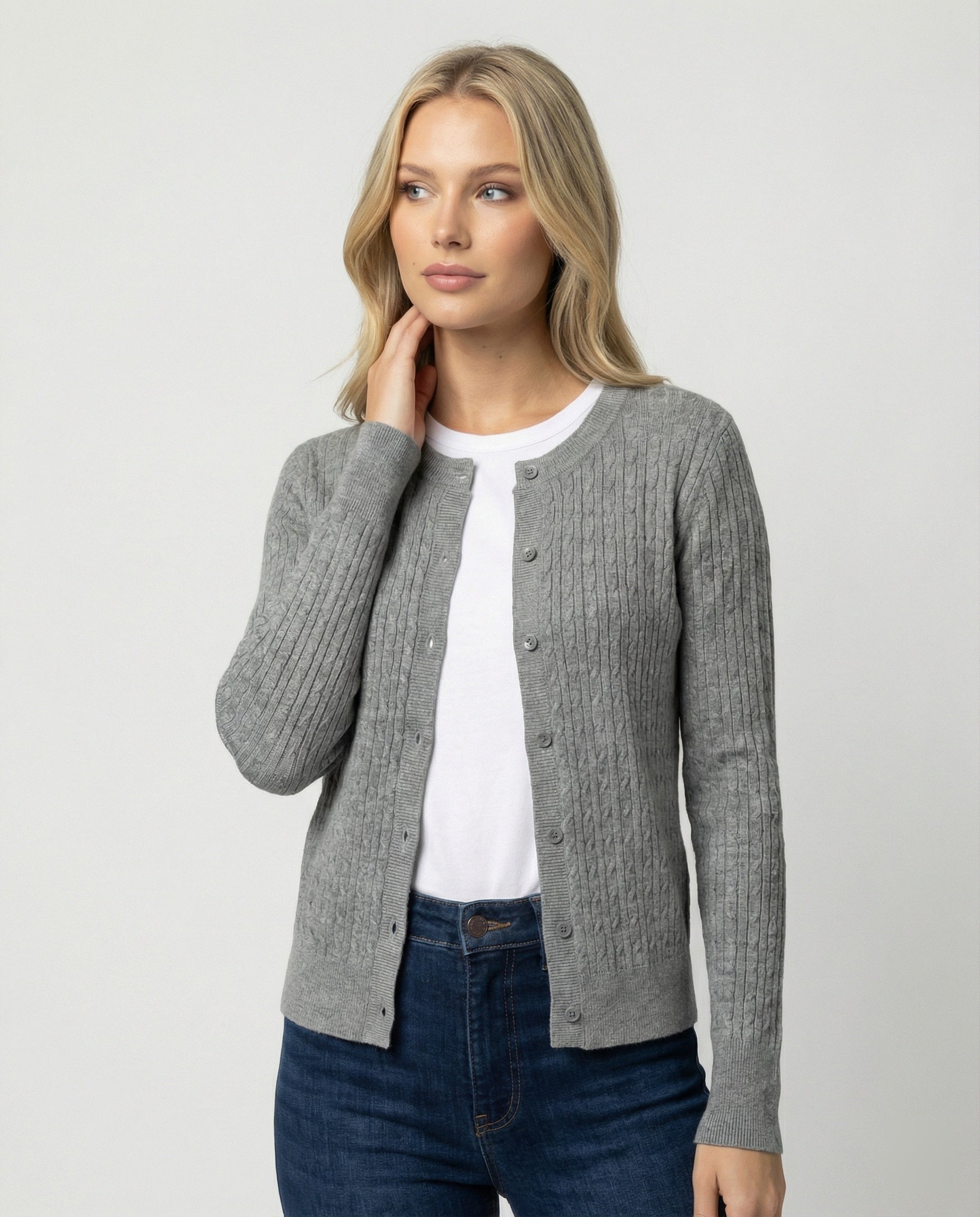 Damen klassischer Strickcardigan mit feiner Zopfstruktur Rundhalsausschnitt und schmaler Silhouette R&B